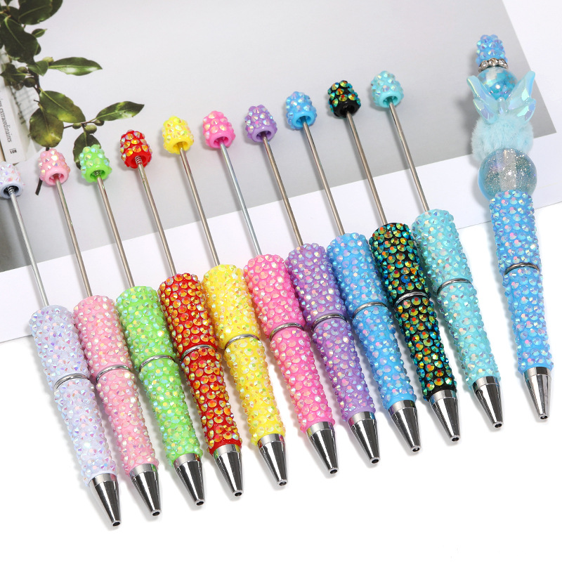 Wholesale Cross-border new full diamond diy beaded pen colorful resin ill bead pen multi-color plastic ballint pen in stock