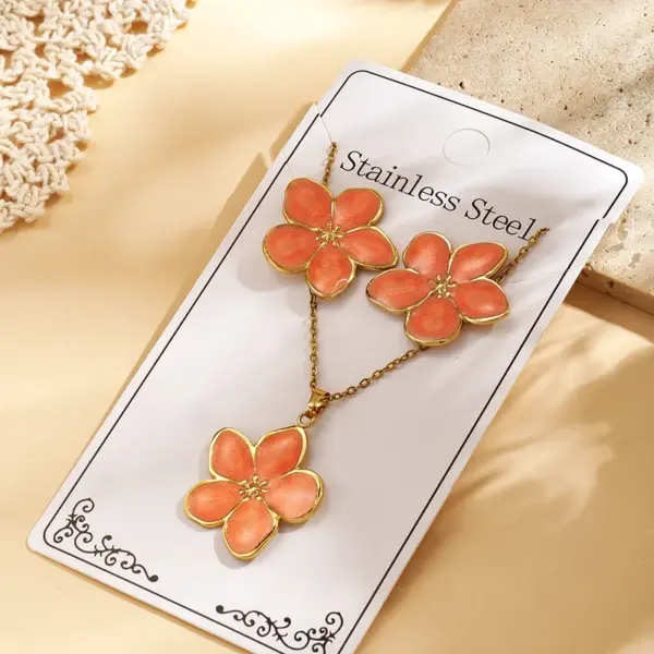 Trendy Fashion Ins Style Gold-Plated Imitation Gold 304 Stainless Steel Colorful Oil-Drip Flower Earrings Necklace Set