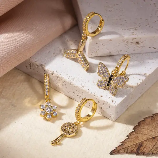 Wholesale 1 Piece Fashion Water Droplets Flower Butterfly Inlay Copper Zircon Ear Studs