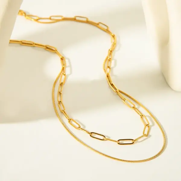 Wholesale 201 Stainless Steel Solid Color PVD Coated Real Gold Plated 18K Gold Modern Style Simple Style Streetwear Waterproof Non Tarnish Cable Chain Lobster Trigger Clasp Closure Gold Silver Double Layer Necklaces