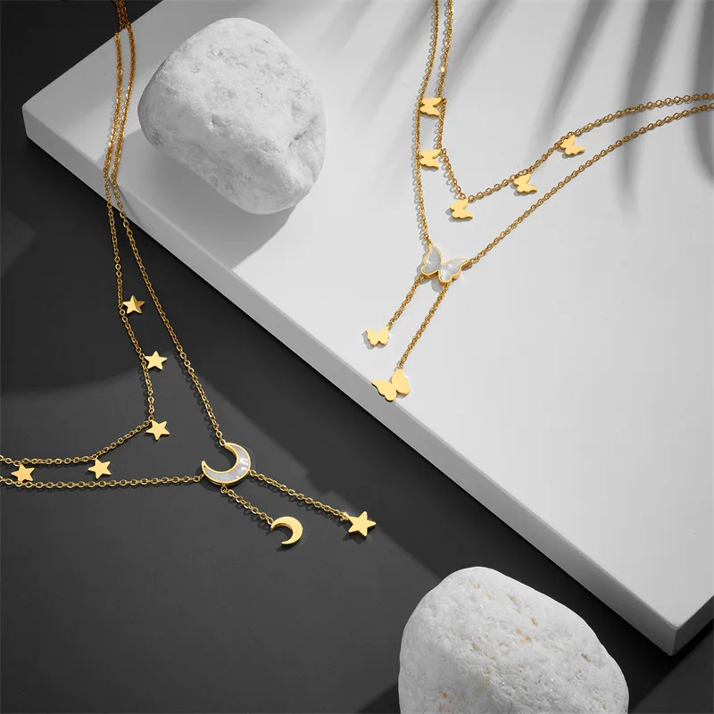 Wholesale PVD Coated Real Gold Plated 18K Gold Star Moon Butterfly Titanium Steel Sweet Simple Style Waterproof Non Tarnish Titanium Steel Layered Nec