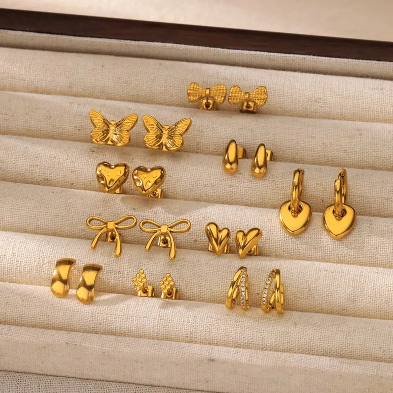 Wholesale PVD Coated Real Gold Plated 18K Gold Heart Shape Butterfly Bow Knot 304 Stainless Steel IG Style Waterproof Non Tarnish Ear Studs