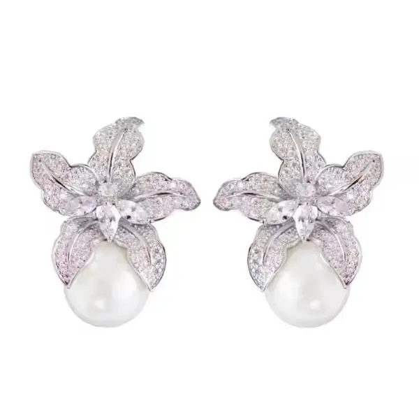 Wholesale 1 Pair Elegant Flower Plating Inlay Imitation Pearl Copper Zircon Earrings