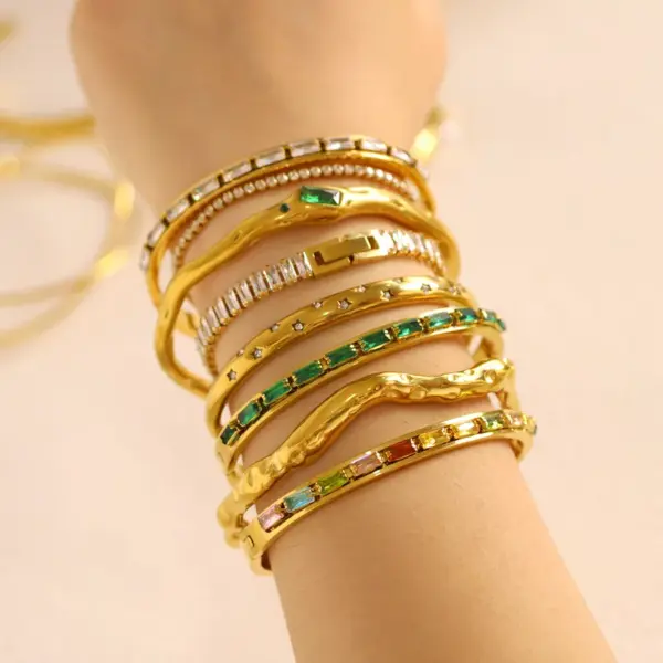 Wholesale 304 Stainless Steel Geometric Round Square PVD Coated Artificial Pearls Rhinestones Zircon 18K Gold 18K Real Gold Plated Real Gold Plated Glam Classic Style Waterproof Non Tarnish Asymmetrical Polishing Gold Cuff Bracelets Bangle