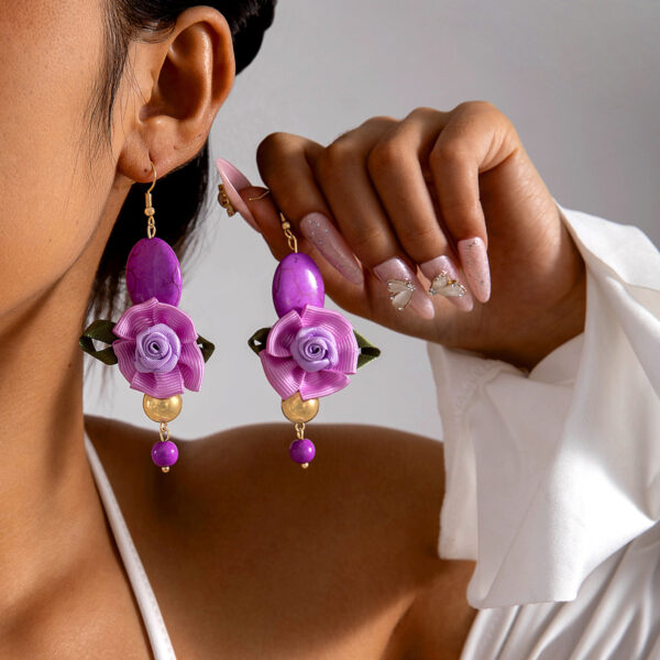Wholesale European and American Cross-Border Personalized Jewelry Purple Oval Turquoise Earrings Niche Design Rose Flower Earrings Earrings for Women