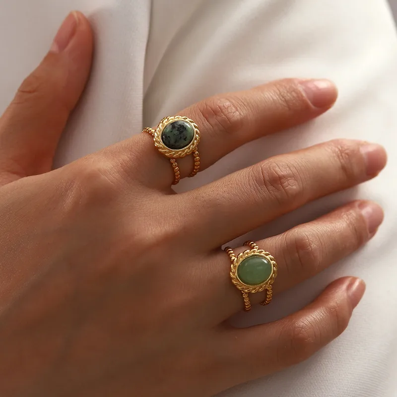 Wholesale Jewelry Retro Oval 304 Stainless Steel Natural Stone PVD Coated Inlay Open Ring