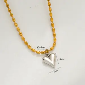 Gold Bead Necklace Steel Heart
