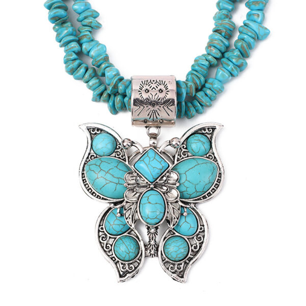 oly-36939bd665d48c0bc328d56d0c05441d Wholesale European and American Jewelry Western Style Water op Flower Turquoise Double-Layer Butterfly Necklace Personalized Retro Carved Heavy Industry Necklace Jewelry
