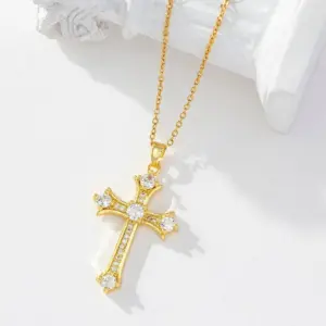 246-9 Color Zirconium Cross Necklace-Gold / White
