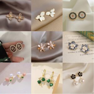 Wholesale S925 Silver Needle Leaf Rose Fresh Flower Earrings Four-leaf Clover All-match Elegant Pearl Earrings Internet Celebrity Earrings
