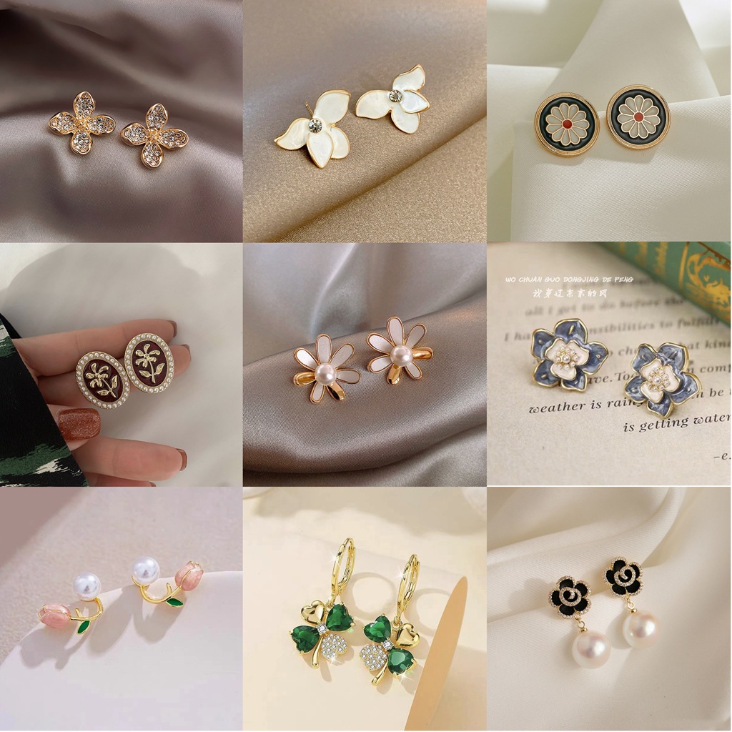 Wholesale S925 Sier Needle Leaf Rose Fresh Flower Earrings Four-leaf Clover All-match Elegant Pearl Earrings Internet Celebrity Earrings