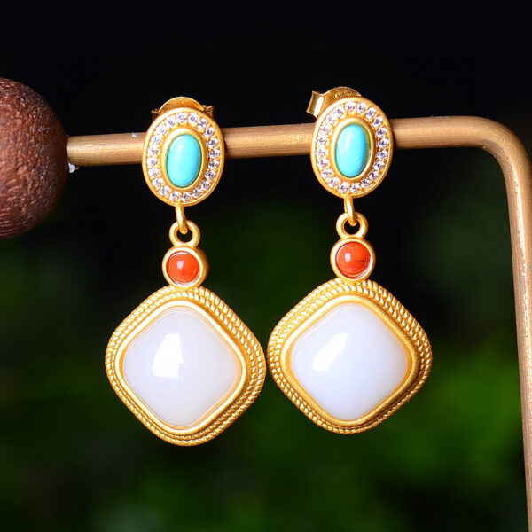 Wholesale Hotan Jade Earrings 925 Sterling Silver Geometric Diamond Earrings Jade Earrings Vintage Fashion Atmospheric Earrings Women's Mother