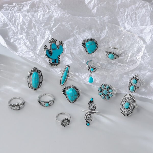 Wholesale Retro Bohemian turquoise cactus carved 14-piece set ring factory direct Amazon New