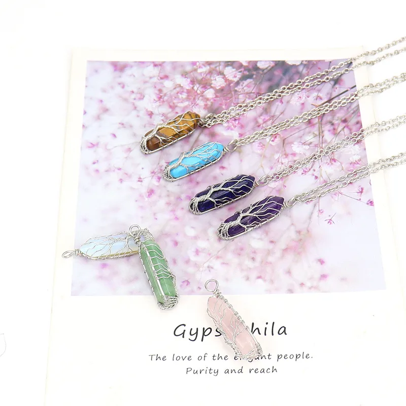 Wholesale Simple Style Hexagon Prism Natural Stone Ferroalloy Knitting Pendant Necklace