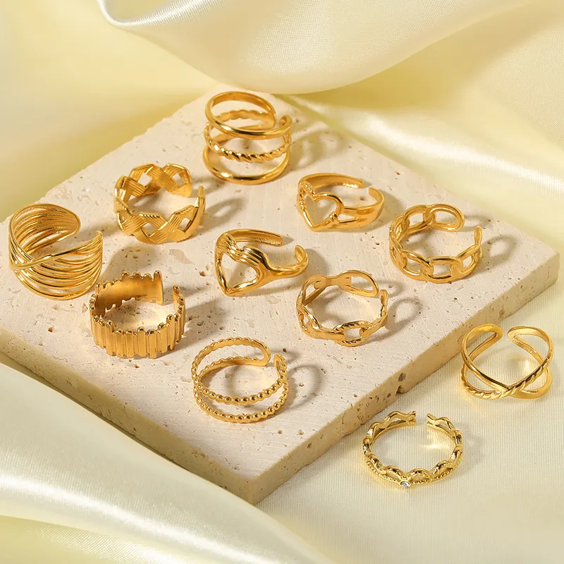 Wholesale PVD Coated 18K Gold Real Gold Plated Geometric Heart Shape Stainless Steel Vintage Style Waterproof Non Tarnish Open Ring