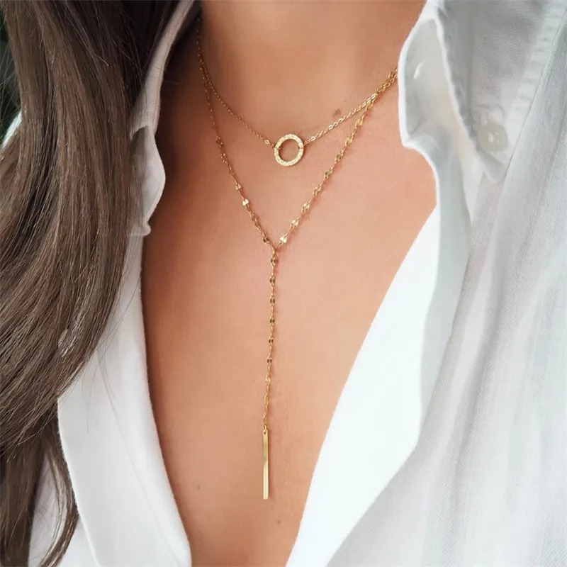 Wholesale 14K Gold Real Gold Plated 316 Stainless Steel PVD Coated Geometric Tassel Waterproof Non Tarnish Plating Fashion Necklace For Women'S