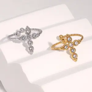 Wholesale Hot-Selling Stainless Steel Ring Personality Retro Cross Inlaid Diamond Open Ring 18k Gold Titanium Steel Jewelry For Women