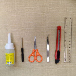 scissors tweezers ruler glue art knife screwdriver