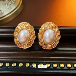 48# Silver Needle gold oval pearl earrings