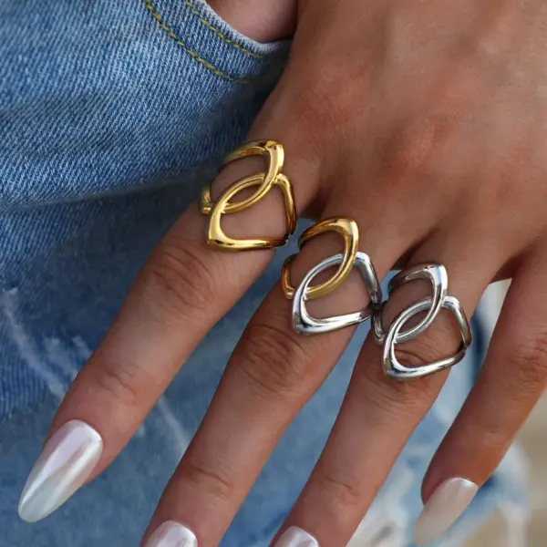 Wholesale Summer Ladies' 18K Gold Plated Stainless Steel Geometric Hollow Out Open Ring Adjustable Size Vacuum Electroplating Jewelry Accessory