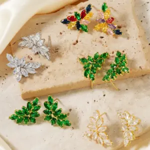 Wholesale 1 Pair Elegant Artistic Streetwear Leaf Asymmetrical Copper Glass Zircon K Gold Plated Rhodium Plated Ear Studs