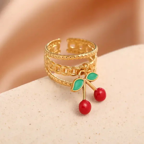 Ion Plating (IP) 18K Gold Plated Cherry 304 Stainless Steel Elegant Cute Luxurious Waterproof Non Tarnish Open Rings