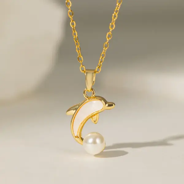 304 Stainless Steel 18K Gold Plated Casual Simple Style Commute Polishing Inlay Starfish Dolphin Flower Acrylic Artificial Rhinestones Pearl Pendant Necklace