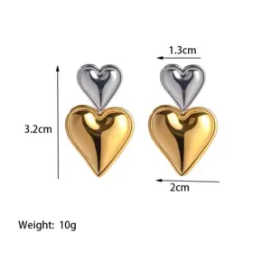 【XKE0400】Heart Earrings Steel on Top Gold on Bottom