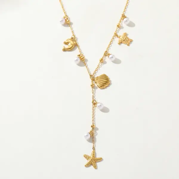 Wholesale PVD Coated Real Gold Plated 18K Gold Tortoise Starfish Shell 304 Stainless Steel Princess Glam Lady Waterproof Non Tarnish 304 Stainless Steel Lobster Trigger Clasp Closure Necklace