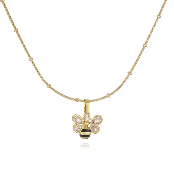 Wholesale Jewelry Elegant Sweet Simple Style Pentagram Heart Shape Bee Copper Zircon 18K Gold Plated Enamel Inlay Pendant Necklace