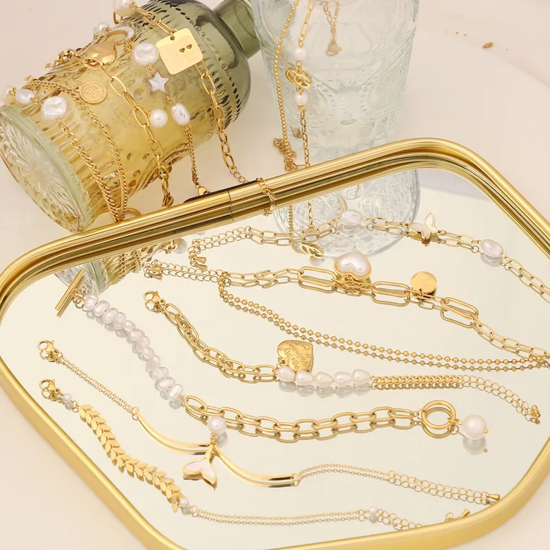 Wholesale 304 Stainless Steel Copper 18K Gold Plated Fashion Pearl Plating Inlay Star Heart Shape Pearl Bracelets