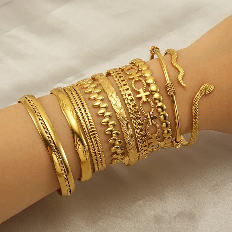 Wholesale PVD Coated 18K Gold Plated Cross Snake 304 Stainless Steel INS Style Waterproof Non Tarnish 304 Stainless Steel Bangle