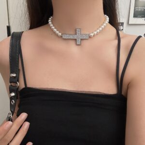 Full diamond cross glass pearl necklace x4818