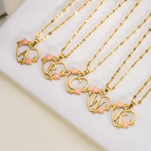 201 Stainless Steel Letter Heart Shape Flower Rack Plated KC Golden Plated Fairy Style Elegant Sweet Asymmetrical Enamel Lip Chain Gold Pendant Necklace