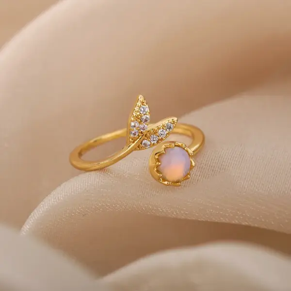 304 Stainless Steel Geometric Leaf PVD Coated Real Gold Plated Elegant Retro Lady Waterproof Non Tarnish Plating Open Rings