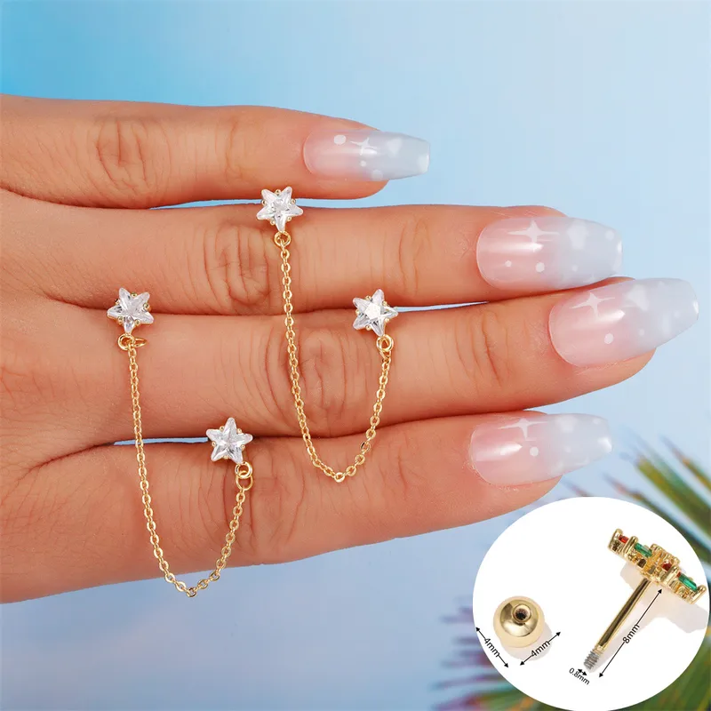 Wholesale Fashion Chain Five-pointed Star Double Pierced Ball Stud Copper Earrings