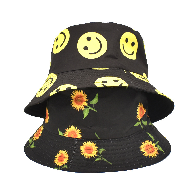 Wholesale European and American Spring and Summer New Smiley Printed Fisherman Hat Women's Japanese Style Sunshade Basin Hat Fashion Double-Sided Sun