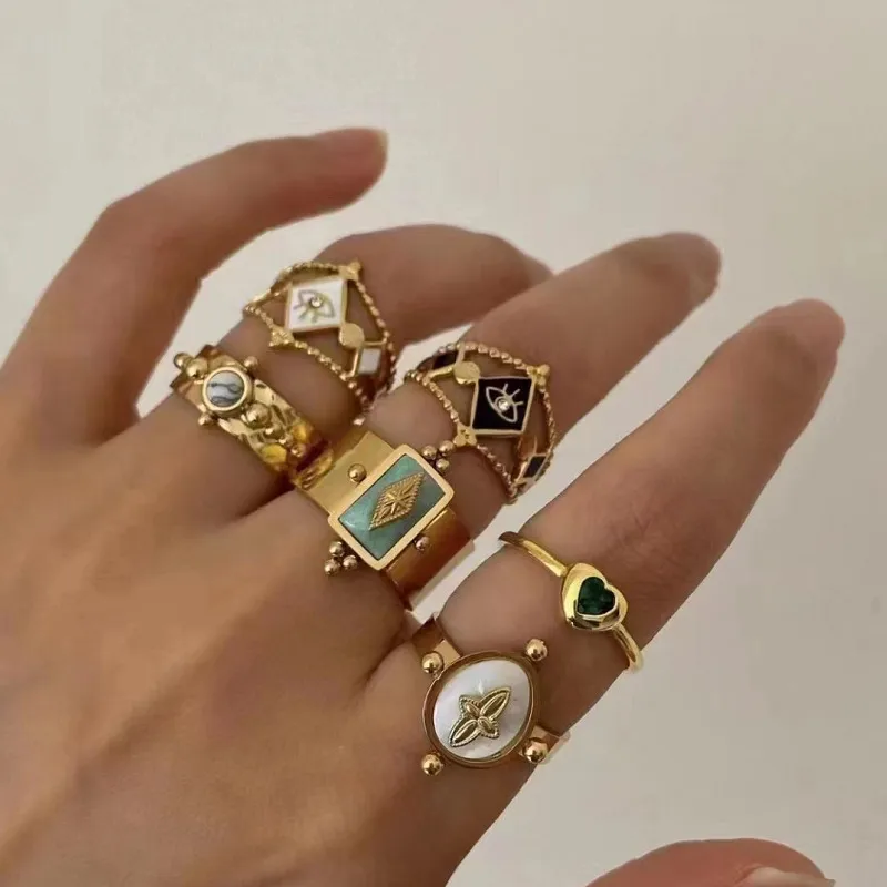 Wholesale Retro U Shape Stainless Steel Inlay Natural Stone Shell 14k Gold Plated Open Ring