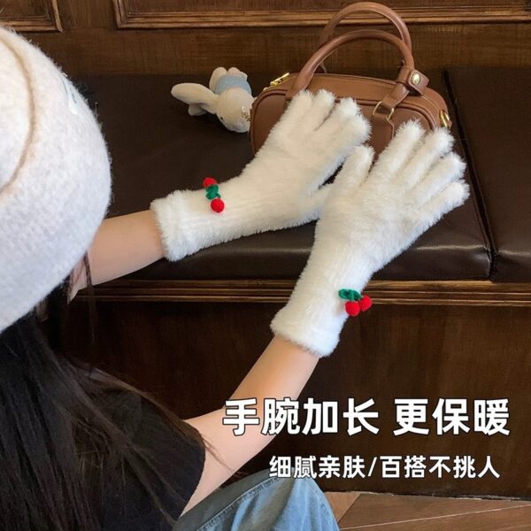 Wholesale Japanese Cute Five-Finger Cherry Plush Gloves Women's Autumn and Winter Travel Cycling Warm Cold-proof Touchscreen All-match Gloves