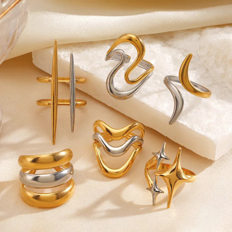 Wholesale Ion Plating (IP) 18K Gold Plated Star Lines 304 Stainless Steel Casual Glam Luxurious Waterproof Non Tarnish Open Rings