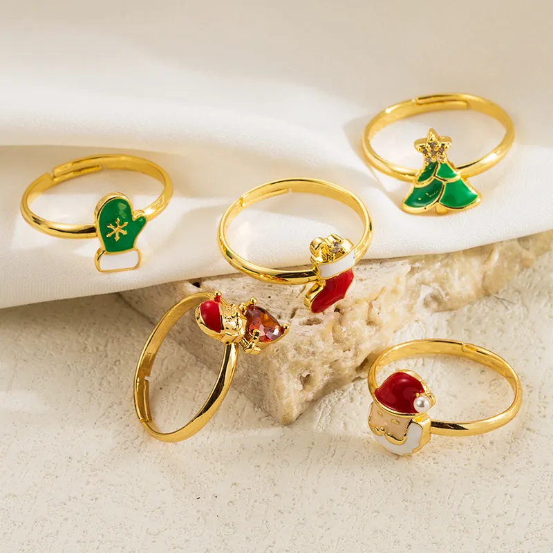 Wholesale Copper Enamel Plating Inlay Santa Claus Bell Deer Zircon Open Rings