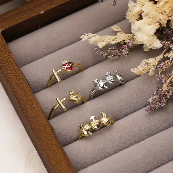 Wholesale Rack Plated 18K Gold White Cross Heart Shape Crown Artificial Gemstones Copper Glam Romantic Shiny Open Rings