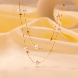 H1073【round Pearl Necklace Gold】