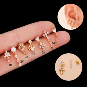 Wholesale 1 Piece Ear Cartilage Rings & Studs Fashion Heart Shape 316L Stainless Steel Copper Plating Inlay Zircon