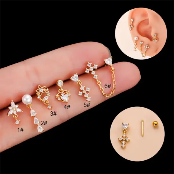 Wholesale 1 Piece Ear Cartilage Rings & Studs Fashion Heart Shape 316L Stainless Steel Copper Plating Inlay Zircon