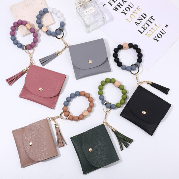 Wholesale Cross-border New Silicone Bead Keychain Bracelet Wooden Bead Card Bag Key Ring Bracelet Certificate Card Holder Bracelet Spot