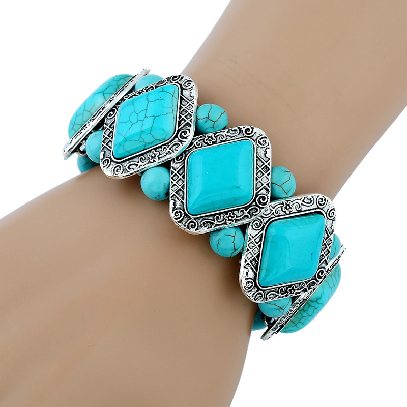 Wholesale European and American Retro Geometric Pattern Diamond Turquoise Bracelet All-match Hot Stressed Wire Beads Handmade Bracelet