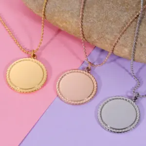 304 Stainless Steel Geometric Customization Laser Engraving PVD Coated 18K Real Gold Plated Simple Style Waterproof Non Tarnish Cable Chain Rose Gold Gold Silver Pendant Necklace