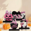 oly-386f2e7ef8a7129a9fc79a34a9709c3c Wholesale 4 Halloween Pink Pumpkin and Dwarf Wooden Figurines with Bases - Halloween Desktop Wooden Figurines