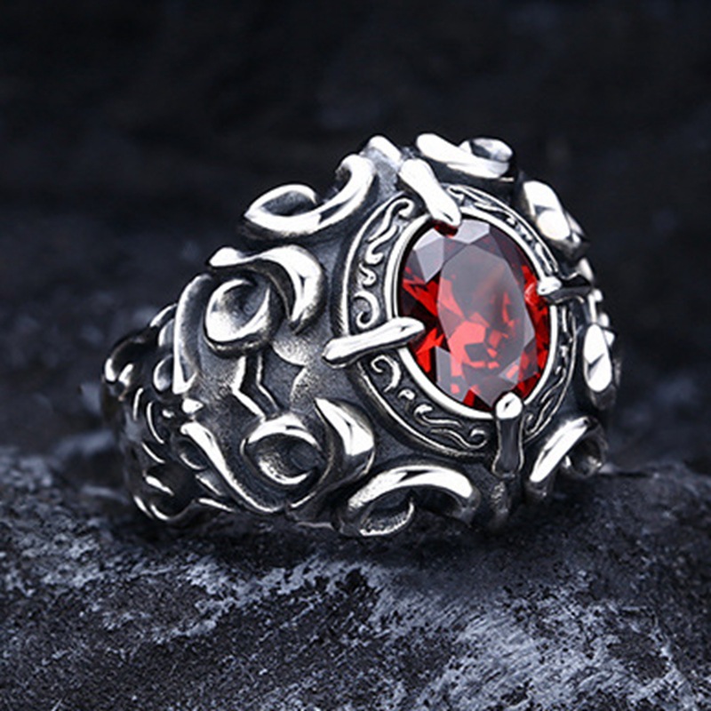 Wholesale S925 Sier-Plated Trendyy Retro Thai Sier Old Style Fashionable Men's Faceted Garnet Cross Army Flower Ring